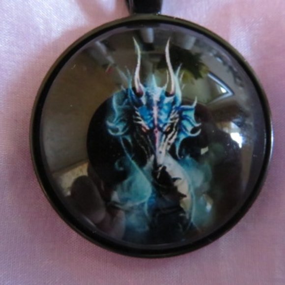 Blue DRAGON on Black Chain Included Pendant Necklace (K230) - Picture 2 of 2